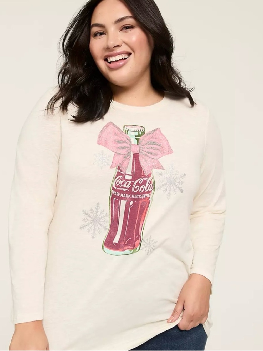 NWOT Coca Cola Cream Long Sleeve Tee with shimmer Pink Bow Bottle Graphic - Picture 2 of 7